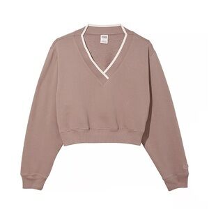VS Pink Premium Fleece V-Neck Pullover large Iced Coffee color tan cropped